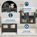 73 in Tall Metal Arched Cabinet, Modern Arch Kitchen Pantry Storage Cabinet with Glass Doors and 2 Adjustable Shelves