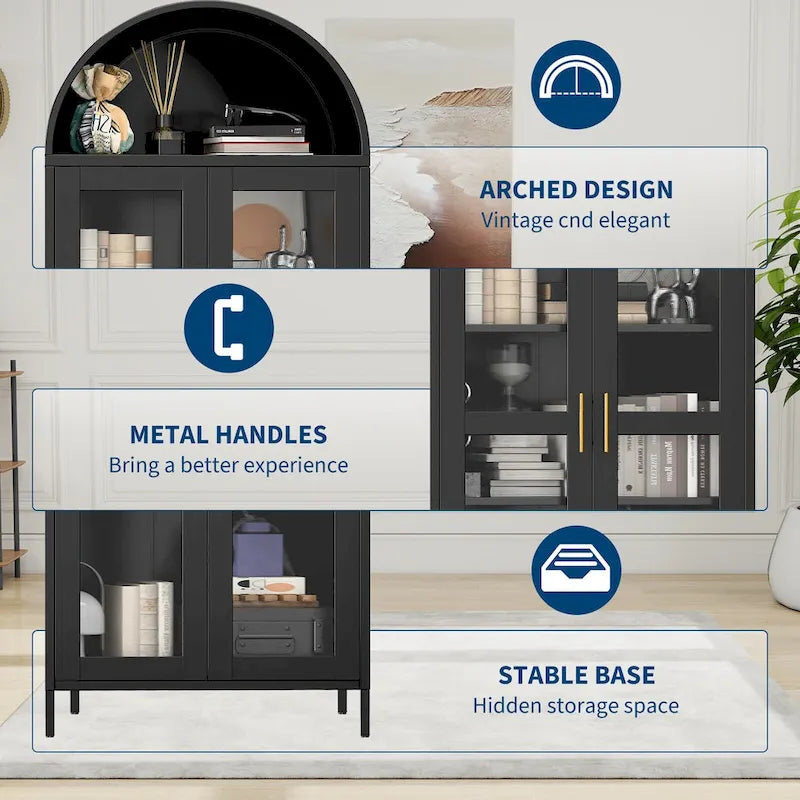 73 in Tall Metal Arched Cabinet, Modern Arch Kitchen Pantry Storage Cabinet with Glass Doors and 2 Adjustable Shelves