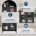 73 in Tall Metal Arched Cabinet, Modern Arch Kitchen Pantry Storage Cabinet with Glass Doors and 2 Adjustable Shelves