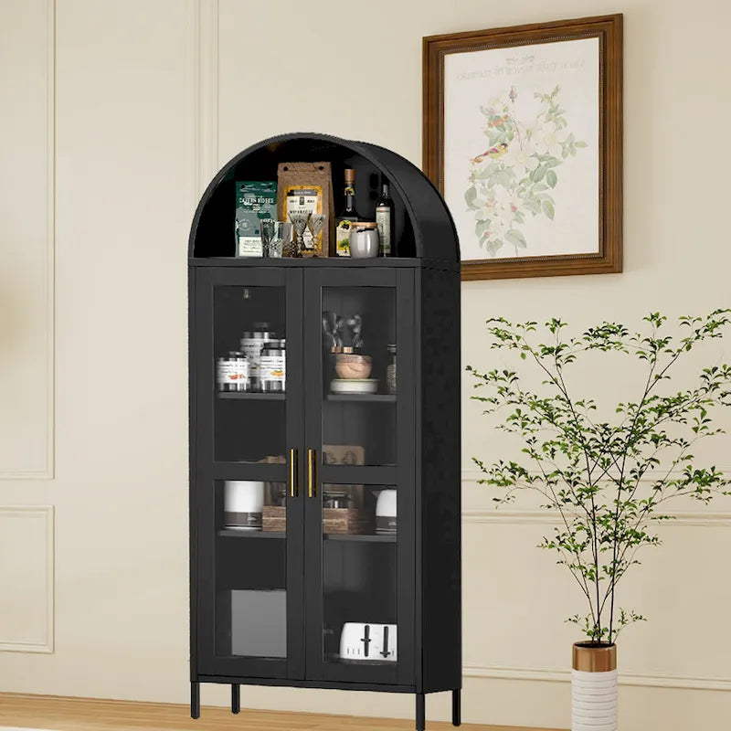 73 in Tall Metal Arched Cabinet, Modern Arch Kitchen Pantry Storage Cabinet with Glass Doors and 2 Adjustable Shelves