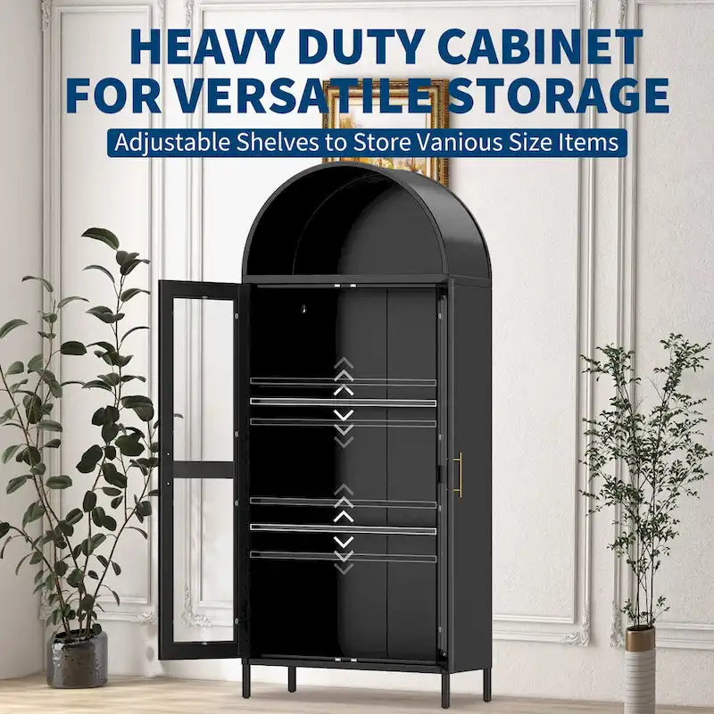 73 in Tall Metal Arched Cabinet, Modern Arch Kitchen Pantry Storage Cabinet with Glass Doors and 2 Adjustable Shelves