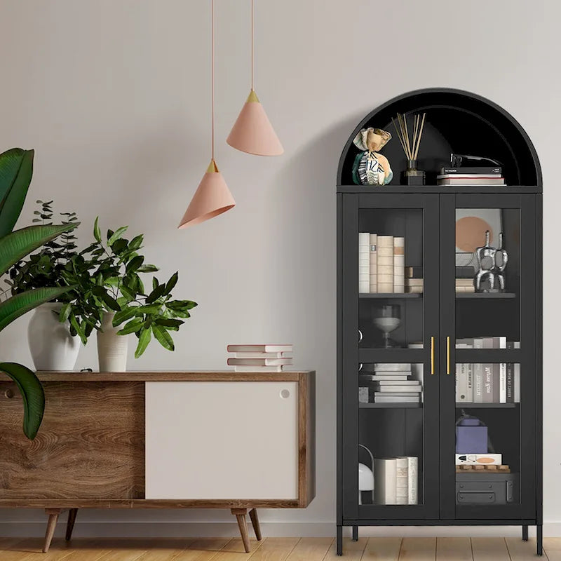73 in Tall Metal Arched Cabinet, Modern Arch Kitchen Pantry Storage Cabinet with Glass Doors and 2 Adjustable Shelves