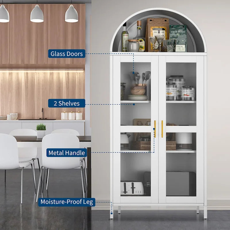 73 in Tall Metal Arched Cabinet, Modern Arch Kitchen Pantry Storage Cabinet with Glass Doors and 2 Adjustable Shelves