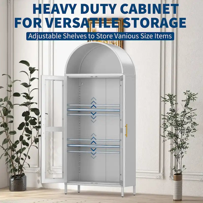 73 in Tall Metal Arched Cabinet, Modern Arch Kitchen Pantry Storage Cabinet with Glass Doors and 2 Adjustable Shelves