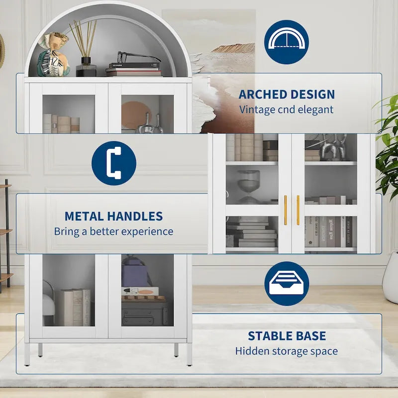 73 in Tall Metal Arched Cabinet, Modern Arch Kitchen Pantry Storage Cabinet with Glass Doors and 2 Adjustable Shelves