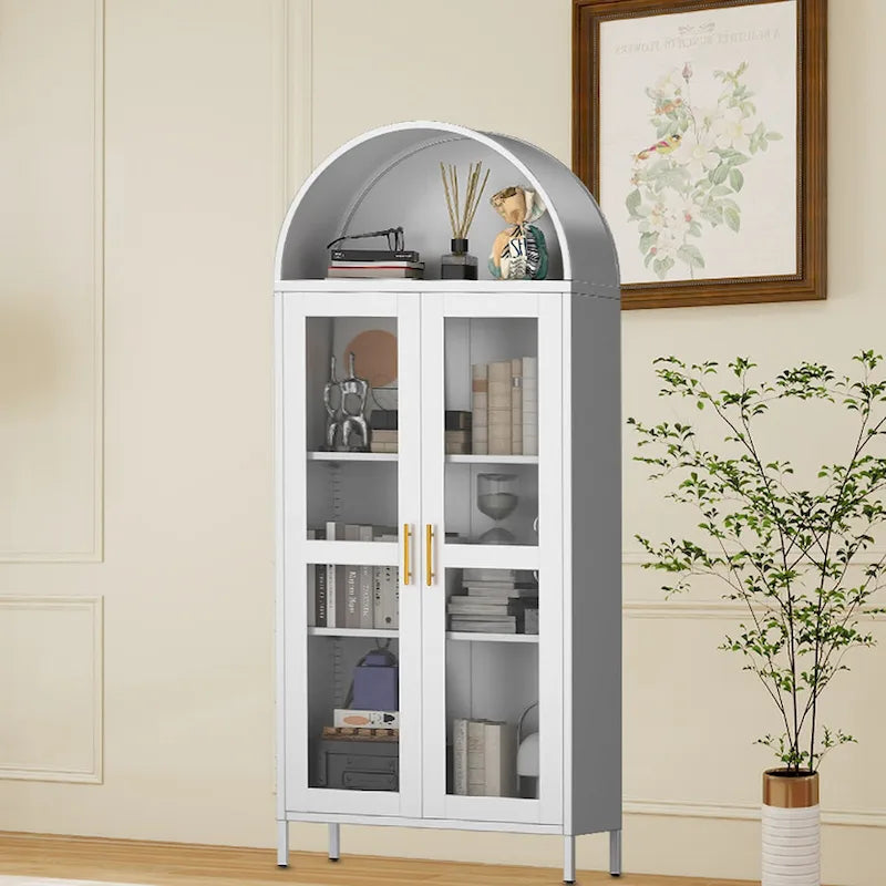 73 in Tall Metal Arched Cabinet, Modern Arch Kitchen Pantry Storage Cabinet with Glass Doors and 2 Adjustable Shelves