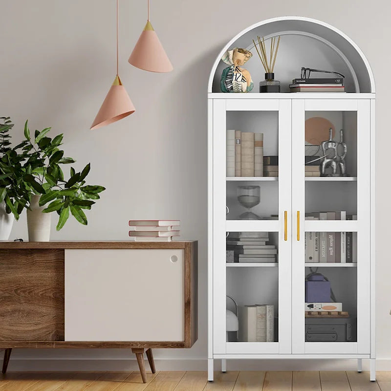73 in Tall Metal Arched Cabinet, Modern Arch Kitchen Pantry Storage Cabinet with Glass Doors and 2 Adjustable Shelves