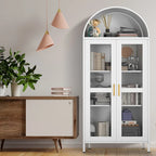 73 in Tall Metal Arched Cabinet, Modern Arch Kitchen Pantry Storage Cabinet with Glass Doors and 2 Adjustable Shelves