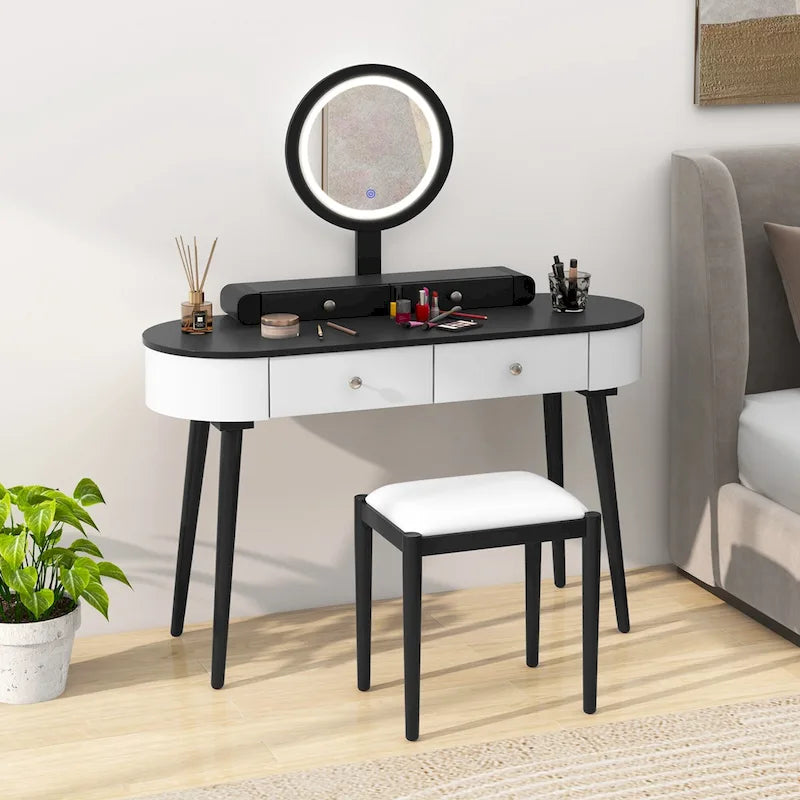 Costway Solid Wood Makeup Vanity Desk Set with LED Lighted Mirror