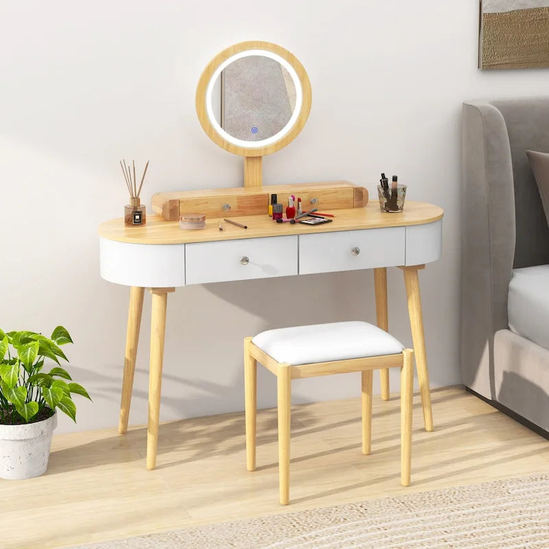 Costway Solid Wood Makeup Vanity Desk Set with LED Lighted Mirror