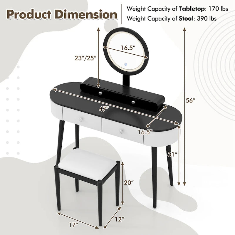 Costway Solid Wood Makeup Vanity Desk Set with LED Lighted Mirror
