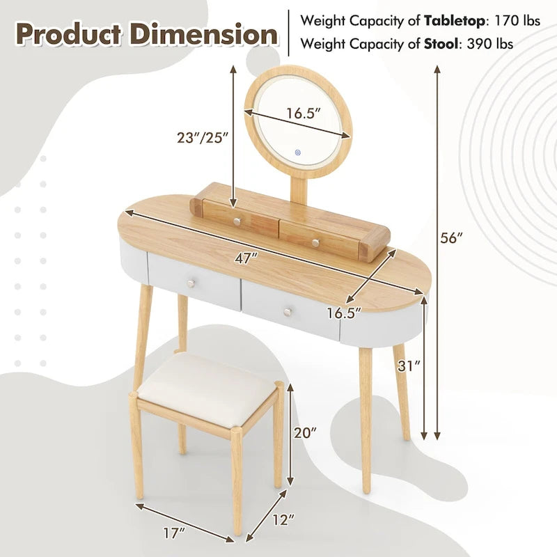 Costway Solid Wood Makeup Vanity Desk Set with LED Lighted Mirror