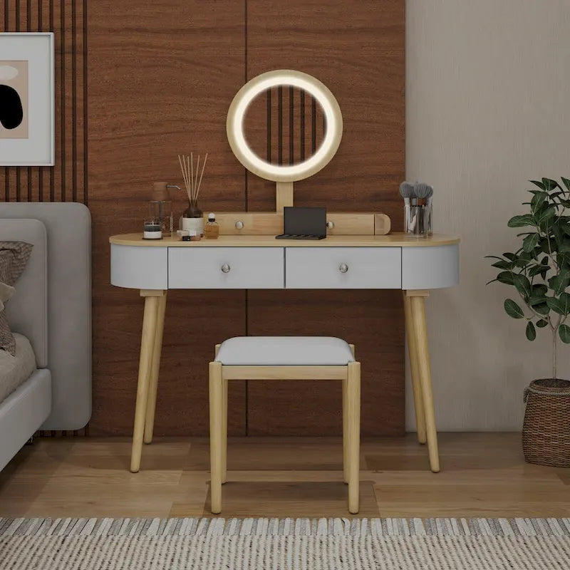 Costway Solid Wood Makeup Vanity Desk Set with LED Lighted Mirror