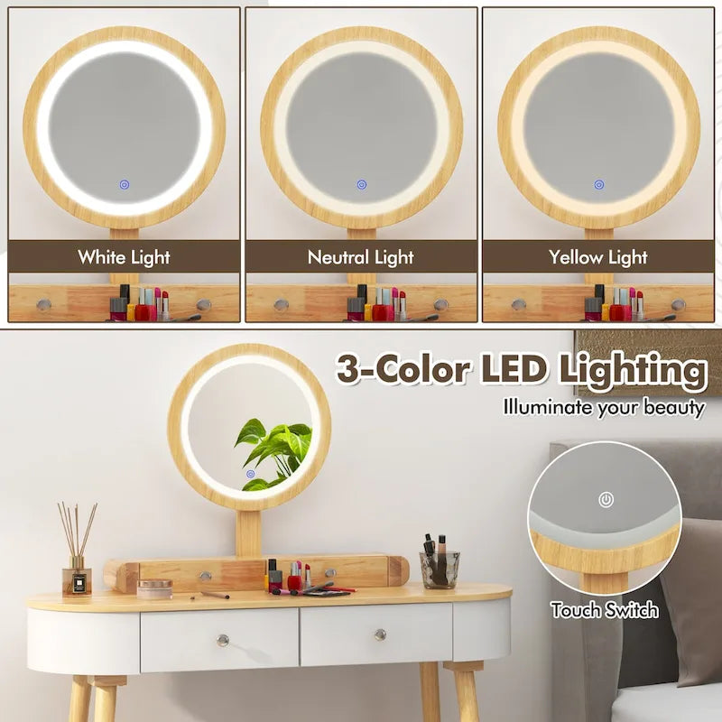 Costway Solid Wood Makeup Vanity Desk Set with LED Lighted Mirror