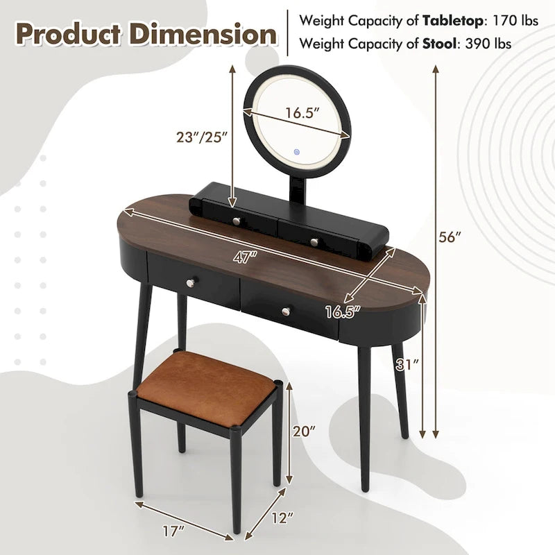 Costway Solid Wood Makeup Vanity Desk Set with LED Lighted Mirror