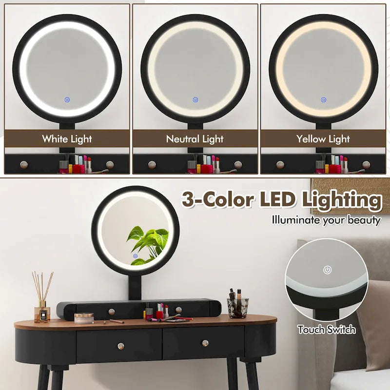 Costway Solid Wood Makeup Vanity Desk Set with LED Lighted Mirror