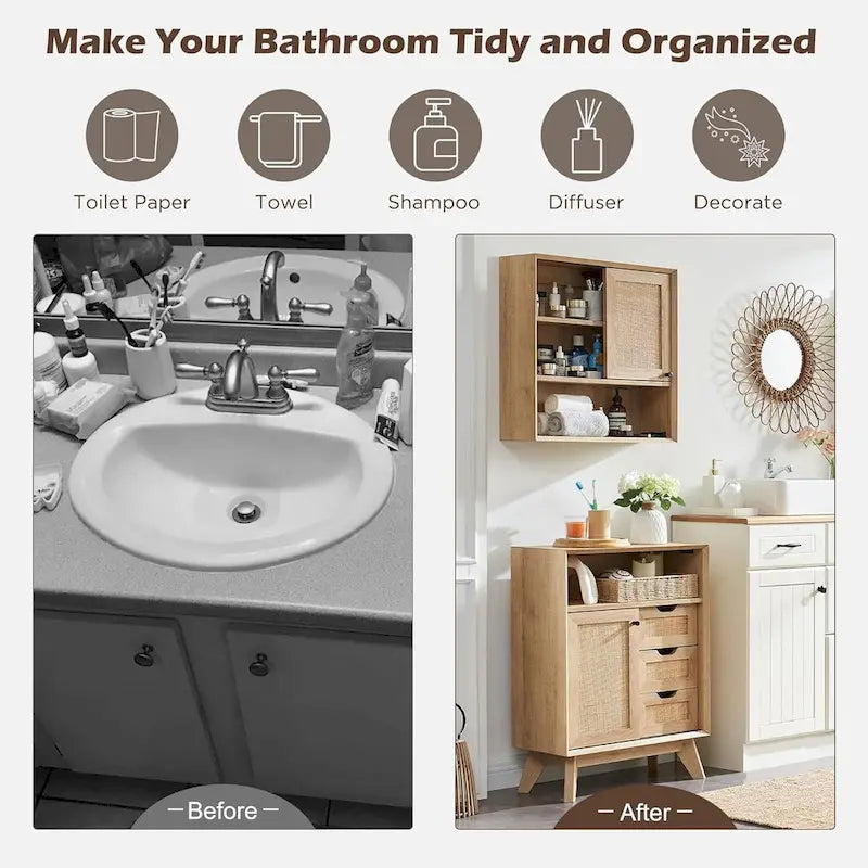 Natural Rattan Small Bathroom Cabinet, Modern Storage Cabinet