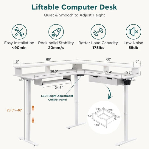 60 L Shaped Electric Comnputer Desk, Height Adjustable Gaming Desk