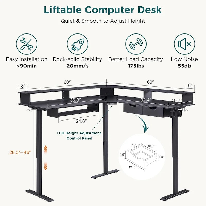 60 L Shaped Electric Comnputer Desk, Height Adjustable Gaming Desk