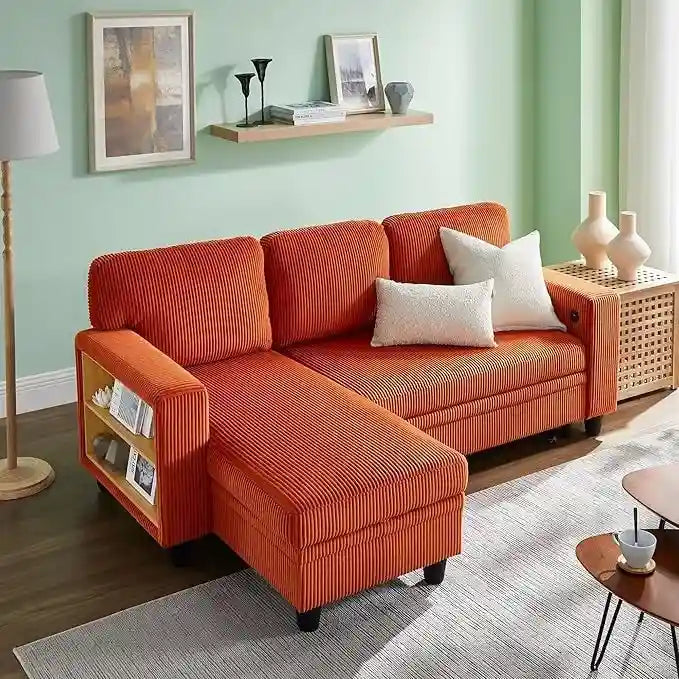 Modern Sleeper Sofa Bed, Couch Bed with Bookshelves & Charging Port
