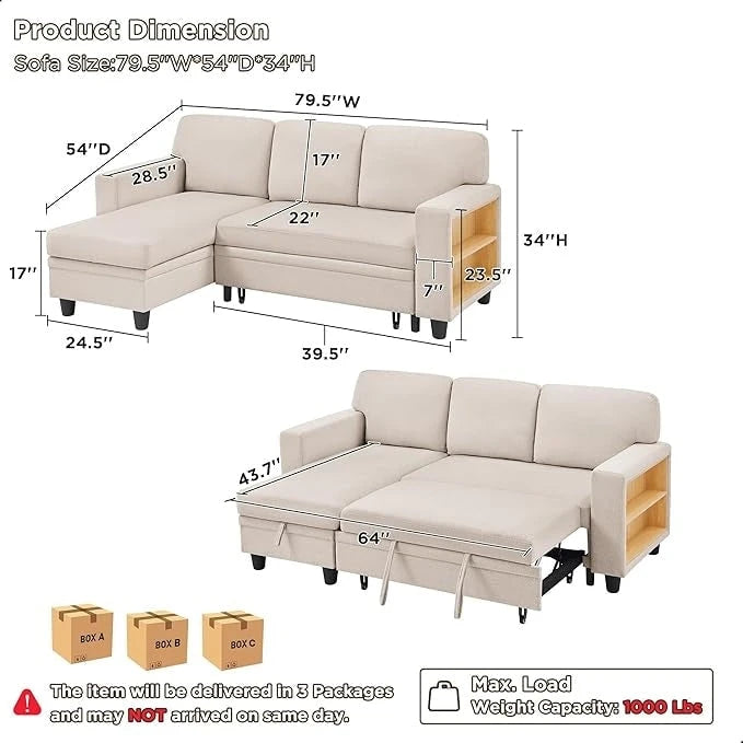 Modern Sleeper Sofa Bed, Couch Bed with Bookshelves & Charging Port
