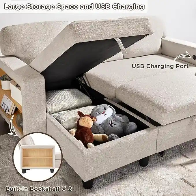 Modern Sleeper Sofa Bed, Couch Bed with Bookshelves & Charging Port