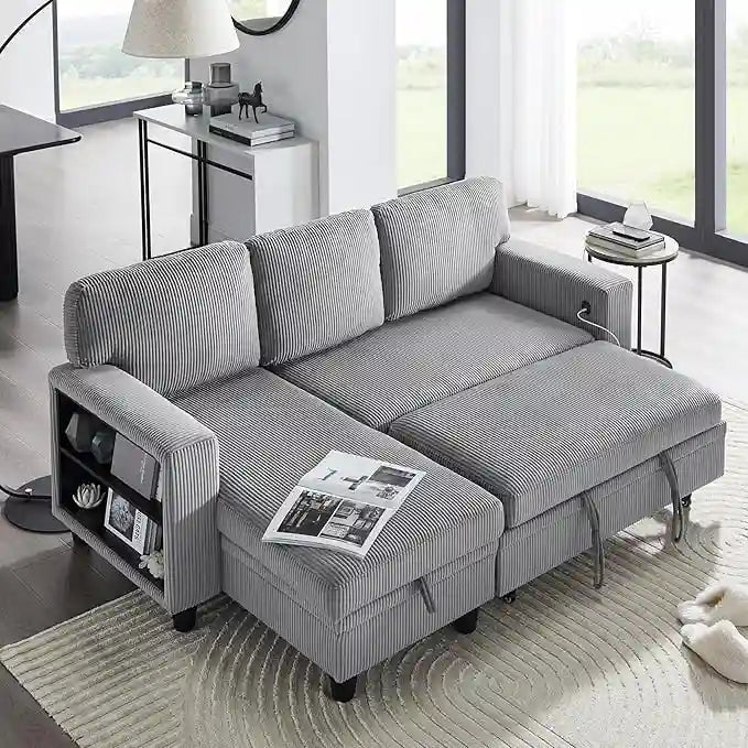 Modern Sleeper Sofa Bed, Couch Bed with Bookshelves & Charging Port