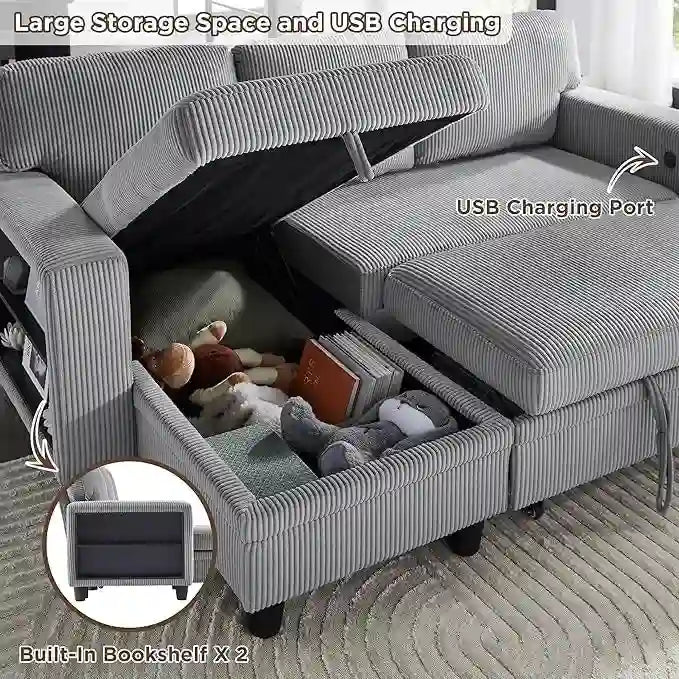 Modern Sleeper Sofa Bed, Couch Bed with Bookshelves & Charging Port