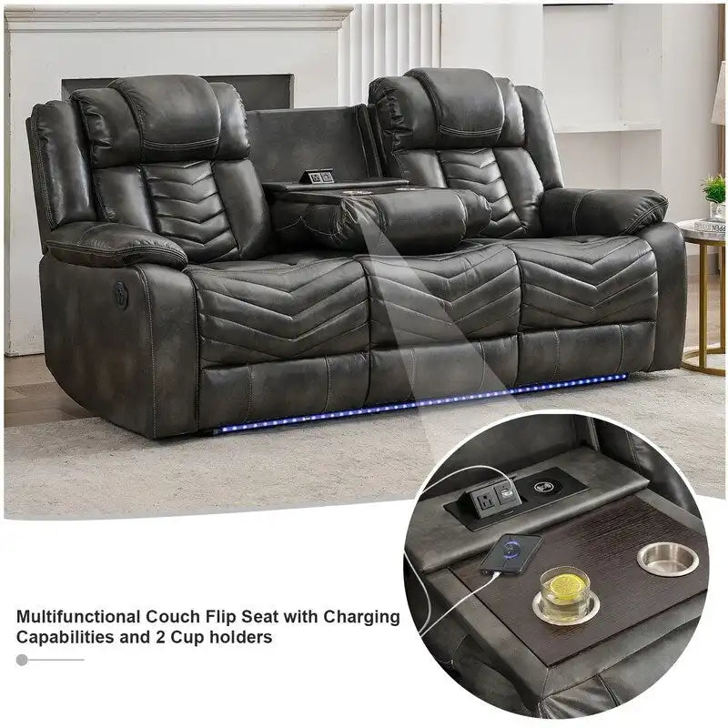 Power Recliner Sofa Set 6-Seater with Zero Gravity,Bass Speaker,Wireless Charger,USB/Type-C Ports,LED Lights,Cup Holders,Gray