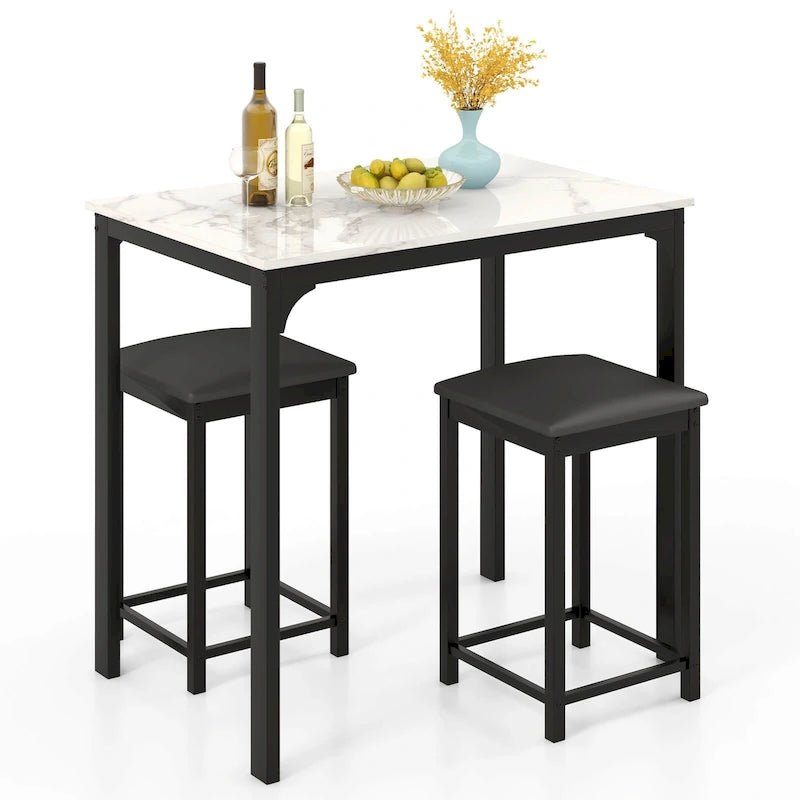 Costway 3 Piece Counter Height Dining Set Faux Marble Table 2 Chairs