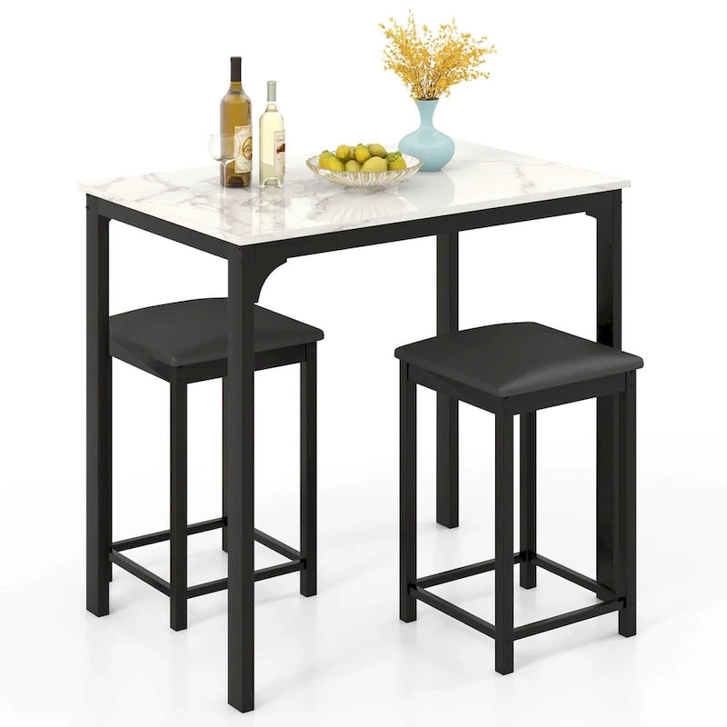 Costway 3 Piece Counter Height Dining Set Faux Marble Table 2 Chairs