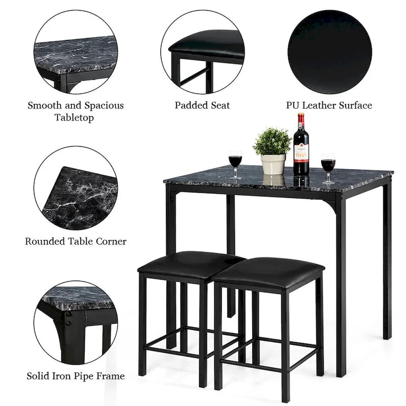Costway 3 Piece Counter Height Dining Set Faux Marble Table 2 Chairs