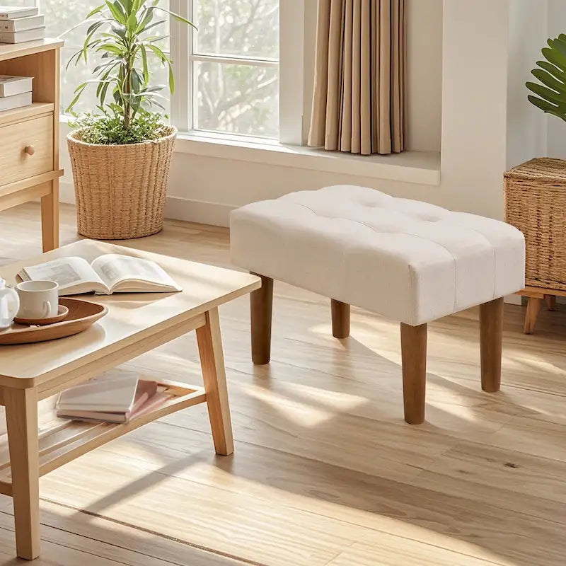 Small Foot Stool Ottoman, Linen Ottoman Foot Rest with Legs, Rectangle Upholstered Footrest for Couch, Living Room, Under Desk
