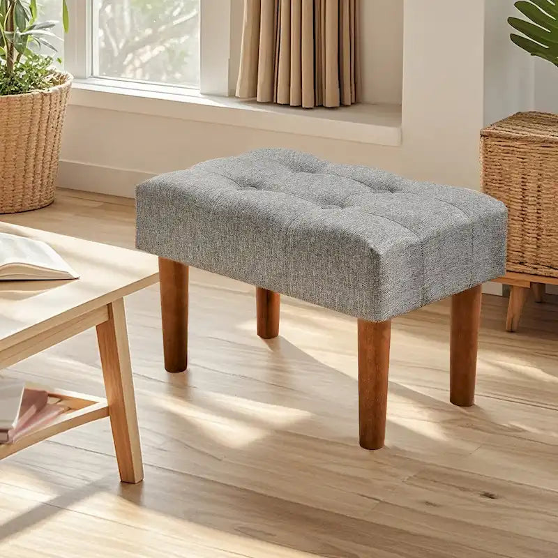 Small Foot Stool Ottoman, Linen Ottoman Foot Rest with Legs, Rectangle Upholstered Footrest for Couch, Living Room, Under Desk