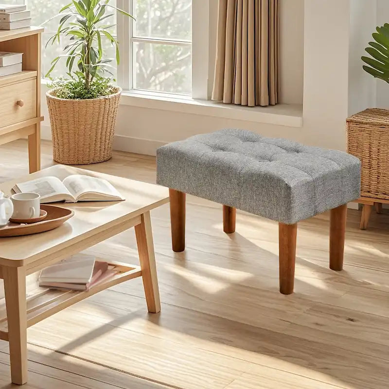 Small Foot Stool Ottoman, Linen Ottoman Foot Rest with Legs, Rectangle Upholstered Footrest for Couch, Living Room, Under Desk