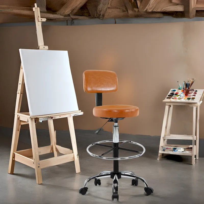 Height Adjustable Drafting Stool - With Premium Leather, Rolling Wheels