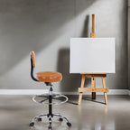 Height Adjustable Drafting Stool - With Premium Leather, Rolling Wheels