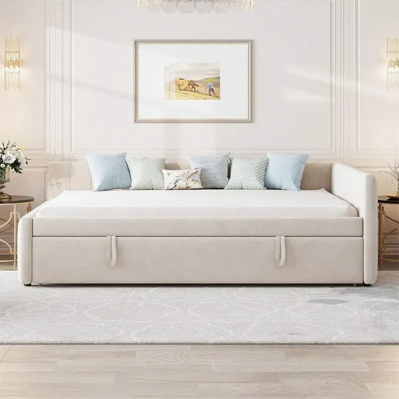 Upholstered Daybed with Twin Size Pop Up Trundle, Full Size Daybed Frame Sofa Bed with L-Shaped Backrest and Striped Design