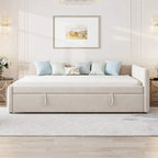 Upholstered Daybed with Twin Size Pop Up Trundle, Full Size Daybed Frame Sofa Bed with L-Shaped Backrest and Striped Design