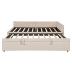 Upholstered Daybed with Twin Size Pop Up Trundle, Full Size Daybed Frame Sofa Bed with L-Shaped Backrest and Striped Design