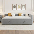 Upholstered Daybed with Twin Size Pop Up Trundle, Full Size Daybed Frame Sofa Bed with L-Shaped Backrest and Striped Design