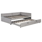 Upholstered Daybed with Twin Size Pop Up Trundle, Full Size Daybed Frame Sofa Bed with L-Shaped Backrest and Striped Design
