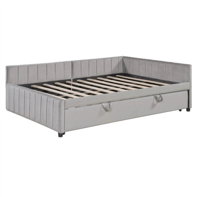 Upholstered Daybed with Twin Size Pop Up Trundle, Full Size Daybed Frame Sofa Bed with L-Shaped Backrest and Striped Design