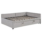 Upholstered Daybed with Twin Size Pop Up Trundle, Full Size Daybed Frame Sofa Bed with L-Shaped Backrest and Striped Design