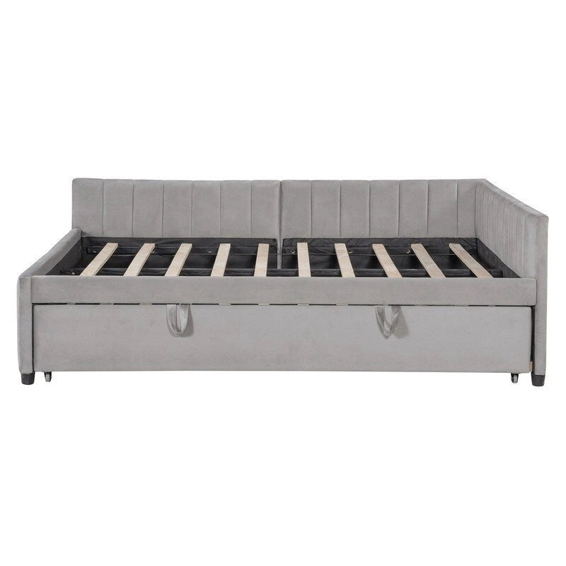 Upholstered Daybed with Twin Size Pop Up Trundle, Full Size Daybed Frame Sofa Bed with L-Shaped Backrest and Striped Design
