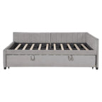 Upholstered Daybed with Twin Size Pop Up Trundle, Full Size Daybed Frame Sofa Bed with L-Shaped Backrest and Striped Design