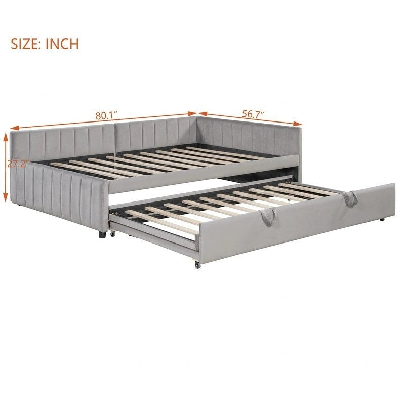 Upholstered Daybed with Twin Size Pop Up Trundle, Full Size Daybed Frame Sofa Bed with L-Shaped Backrest and Striped Design
