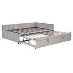 Upholstered Daybed with Twin Size Pop Up Trundle, Full Size Daybed Frame Sofa Bed with L-Shaped Backrest and Striped Design