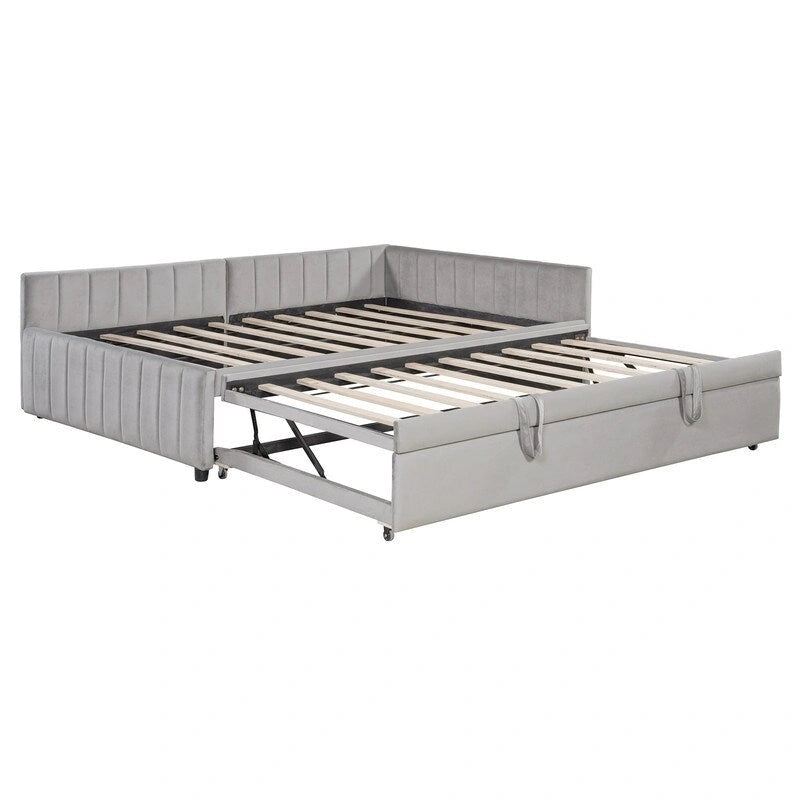 Upholstered Daybed with Twin Size Pop Up Trundle, Full Size Daybed Frame Sofa Bed with L-Shaped Backrest and Striped Design