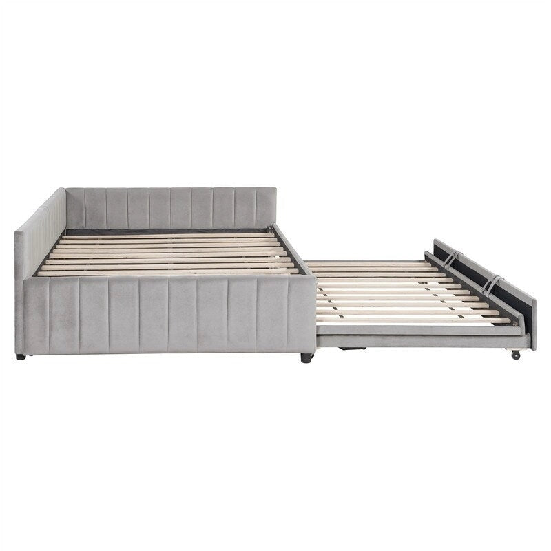 Upholstered Daybed with Twin Size Pop Up Trundle, Full Size Daybed Frame Sofa Bed with L-Shaped Backrest and Striped Design